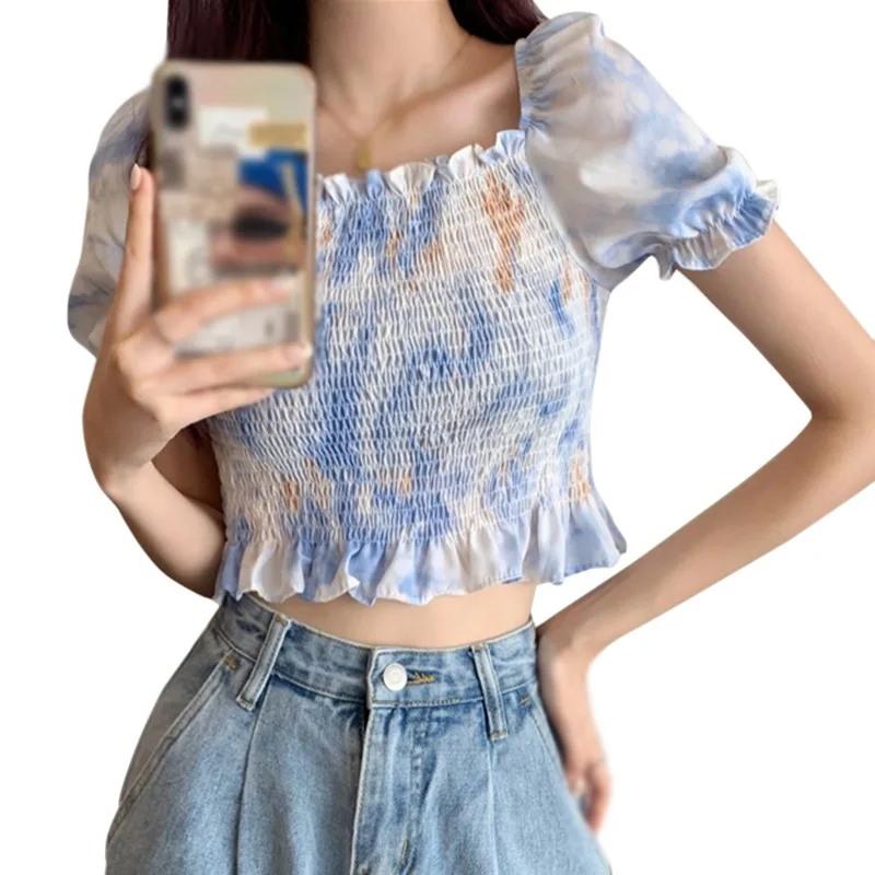 

Korean Style Square Neck Tops Women Blouses French Style Puff Sleeve Summer Blusas Elegantes Short Sleeve Top