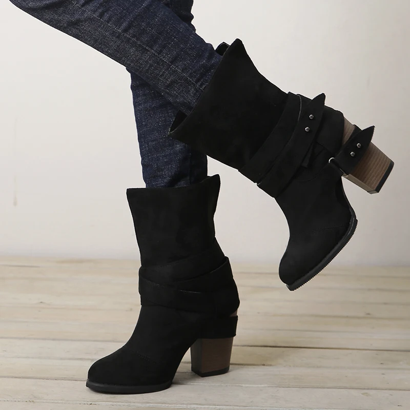 

Autumn Winter Women Boots Suede Leather Buckle Boots Fashion Casual Ladies Shoes Martin Boots High Heeled Buckle Snow Boots