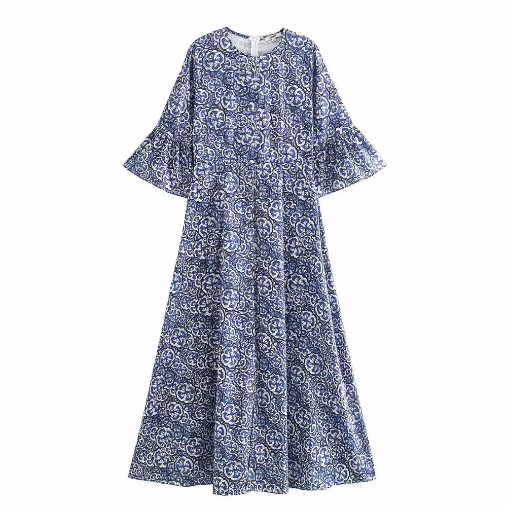 2020 женское винтажное длинное платье с сине-белым фарфоровым принтом женские