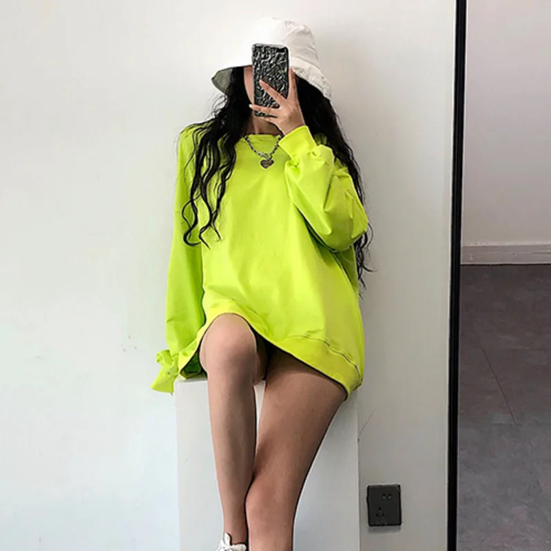 

Europe Loose Casua Big Size Round Neck Pullover Fluorescent Green Solid Color Autumn Sweatshirt Womens XWF0