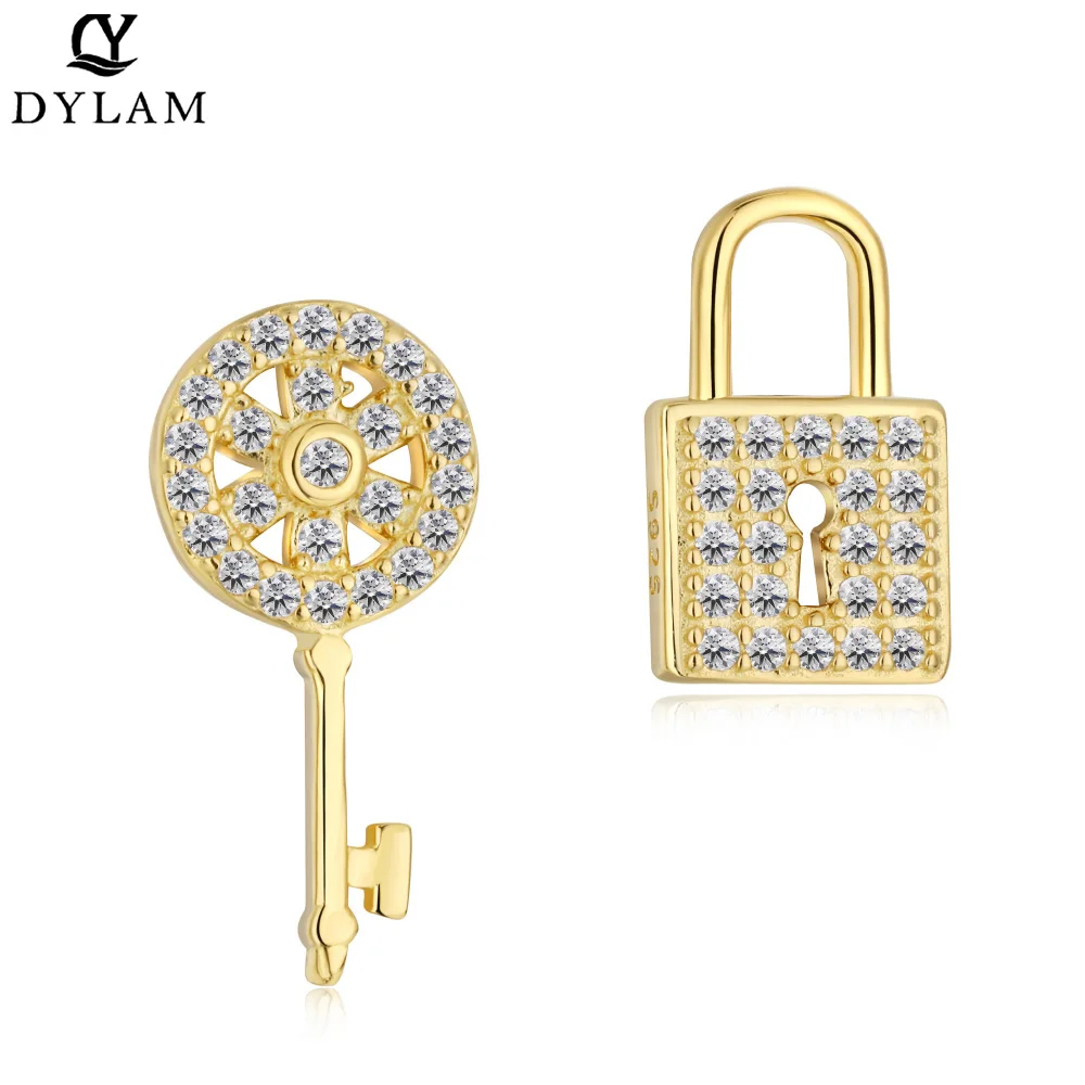 

DYLAM Key Lock arrings 925 Sterling Silver 5A Zircon Classic Fashion Jewellery For Women Stud Earrings Silver Gold