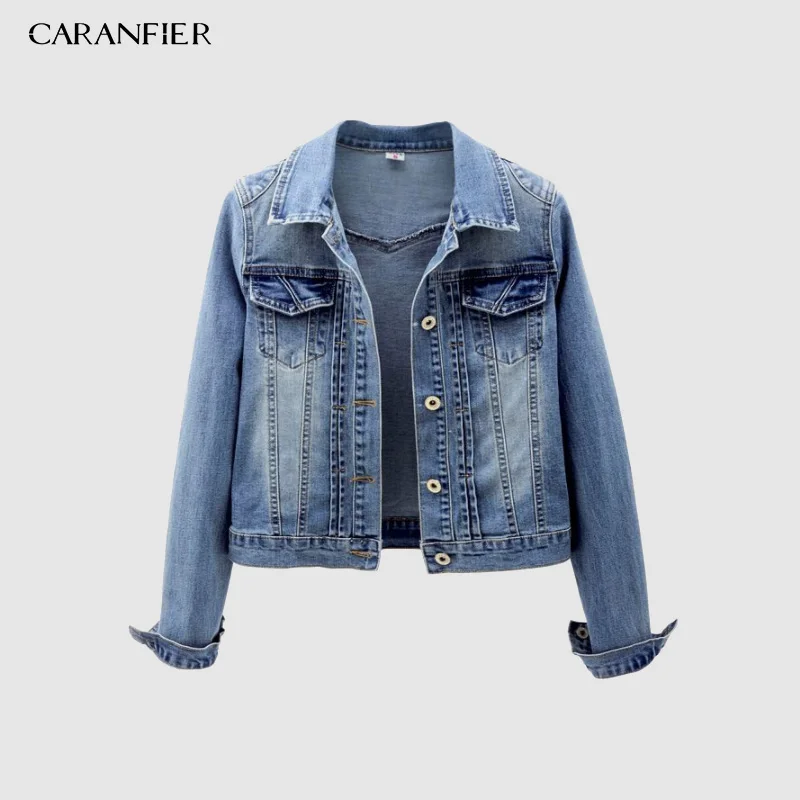 

CARANFIER плюс размер джинсовая куртка 4XL 5XL Милая женская светло-синяя куртка-бомбер короткие джинсовые куртки с длинным рукавом Jaqueta повседнев...