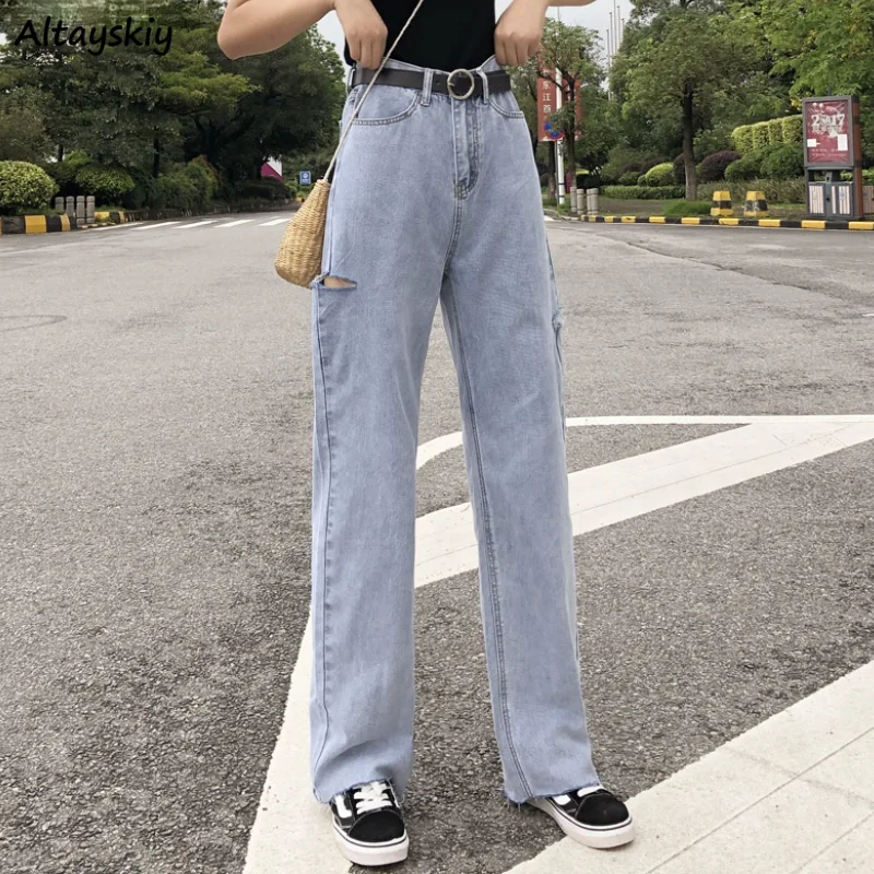 

Women Jeans Hole Ripped Washed Wide-leg Mopping Womens Trousers Korean Leisure Loose Thin Streetwear Stylish Ulzzang Chic Daily