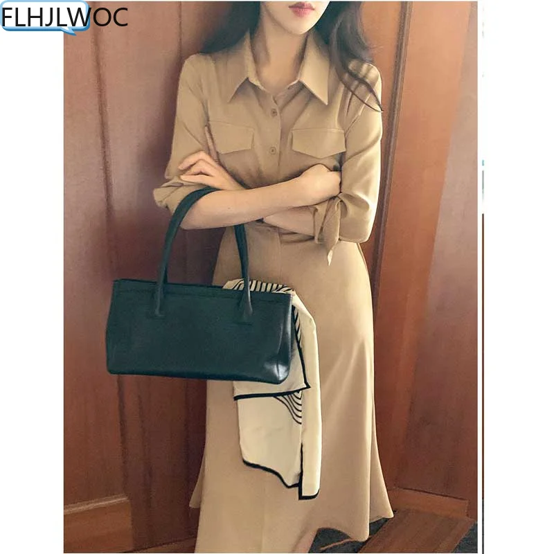 

Hot Sales Chic Korea Fashion Clothes Fenimine Vestidos Women Long Sleeve Elegant Office Lady Vintage Solid Shirt Dress