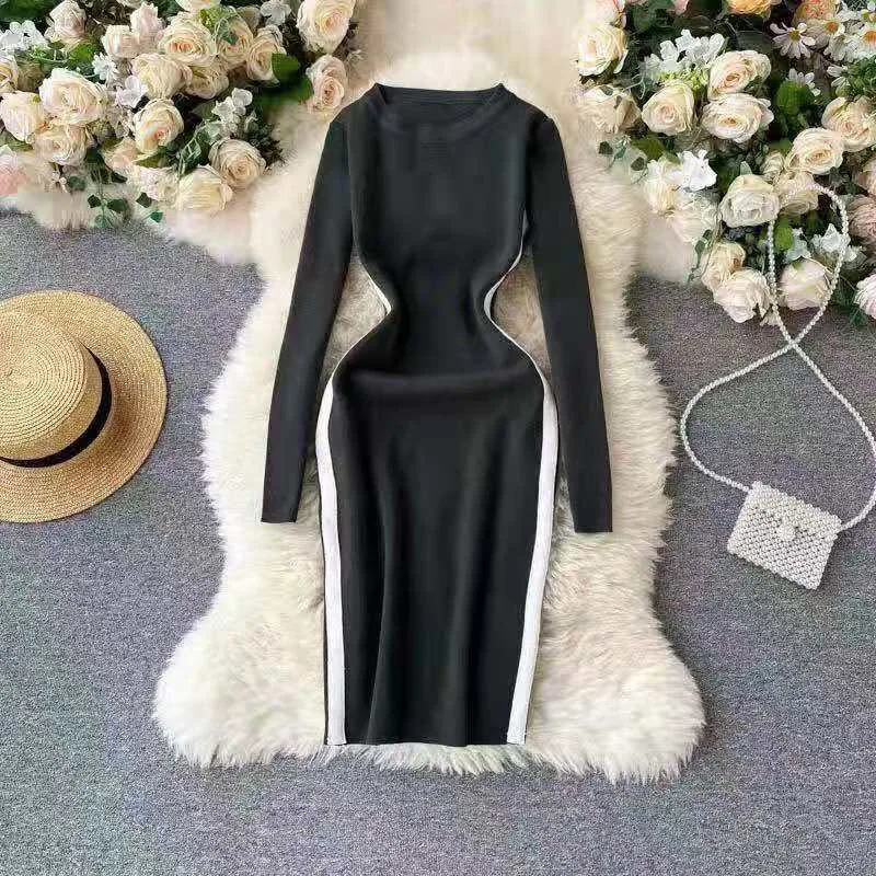 

Spring And Autumn Self-Cultivation Temperament Full-Sleeved Dress With Round Neck Top Tight And Bottom Loose Women Dress