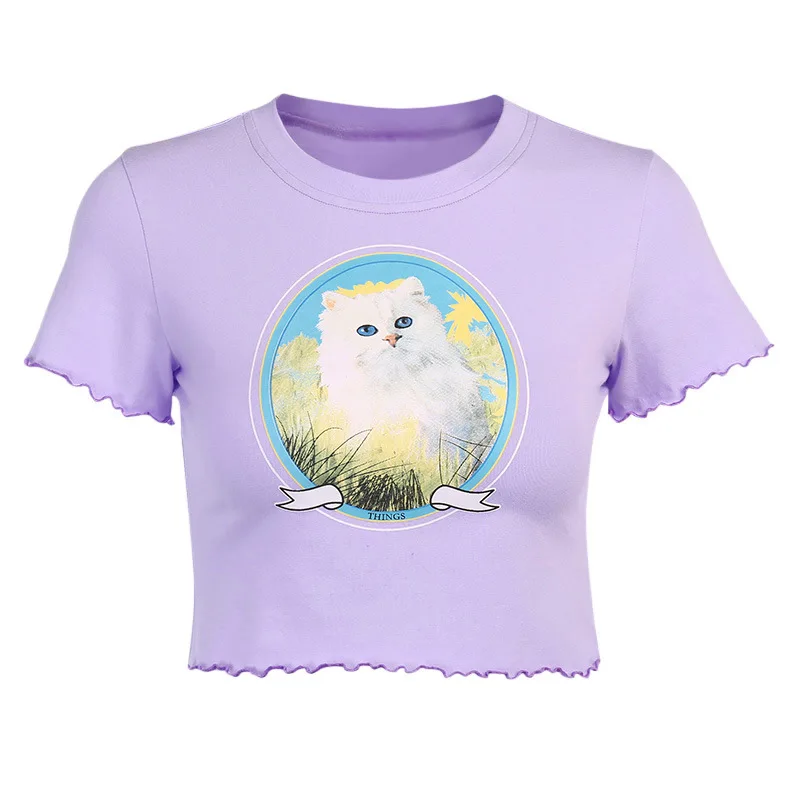 

Momoland Summer Cat Print T-Shirt Women Short Shirt Cute Crop Top Purple Petal Short Sleeve Aesthetic Clothing Y2K Tank Top
