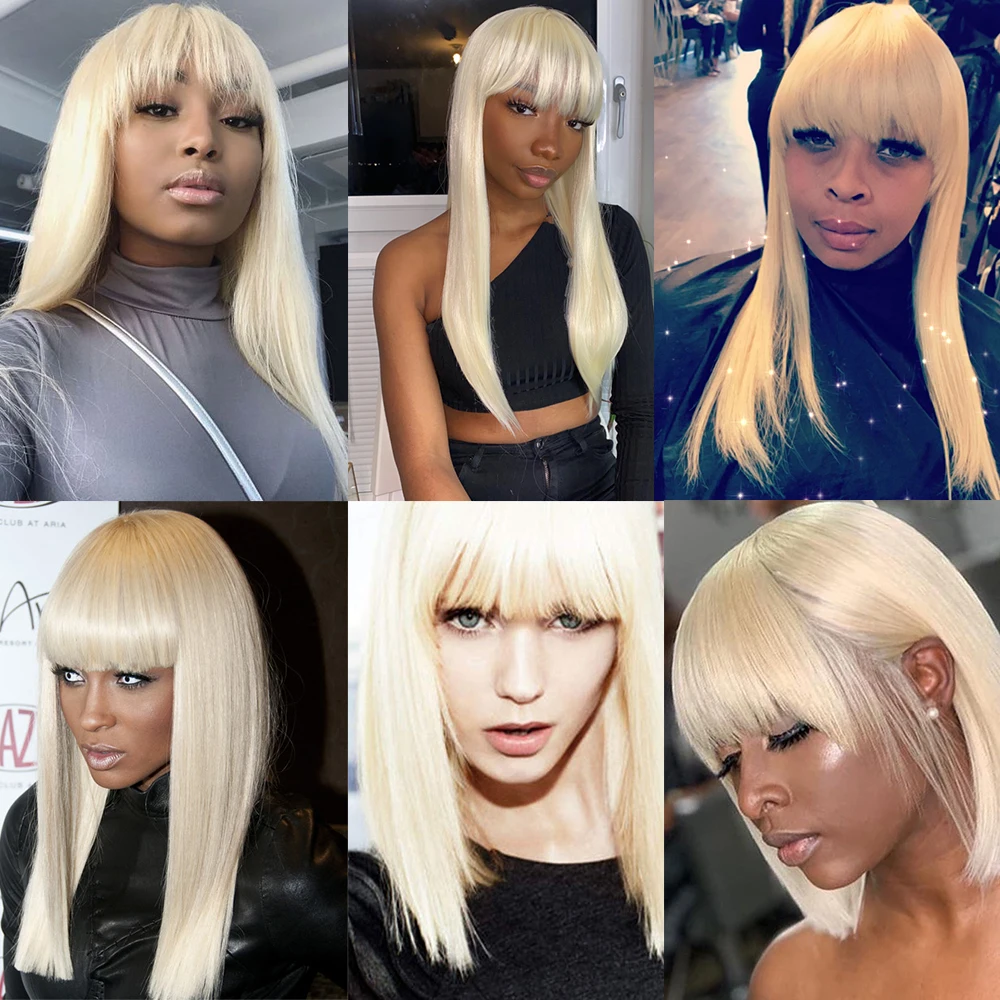 

Brazilian Remy Human Hair Full Machine Made Non Lace Wigs With Bangs Blonde 613 Straight Hair Wigs Ombre Platinum EUPHORIA