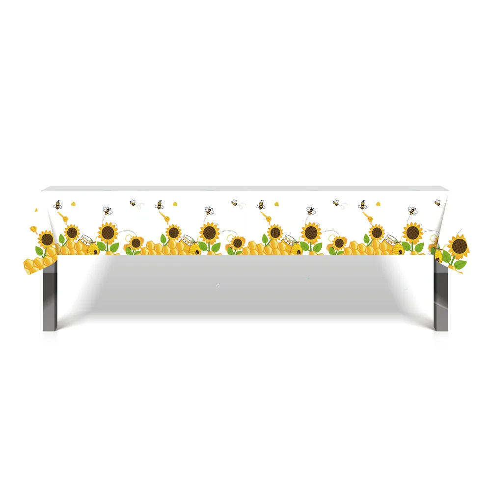 

130*220cm Little Bee Sunflower Tablecloth Happy Birthday Party Tablecover Baby Shower Disposable Tablecloth Kid Party Decoration