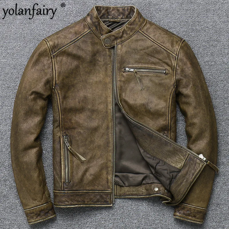 

Мужская кожаная куртка, короткая винтажная байкерская куртка из натуральной коровьей кожи с длинным рукавом, весна 2020, 094