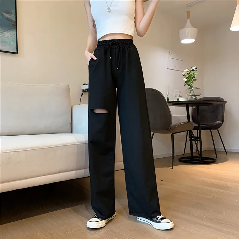 

Spring, Autumn and Summer Three Seasons Wearable Elastic Drawstring Sports Leisure Ripped Wide-Leg Draggle-Tail Trousers Women