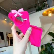 Cartoon Pink Bow Cute Girl Makeup Mirror Case for iPhone 12 Mini XS XR 11 Pro Max 6 7 8 Plus Silicone Phone Accessory Cover