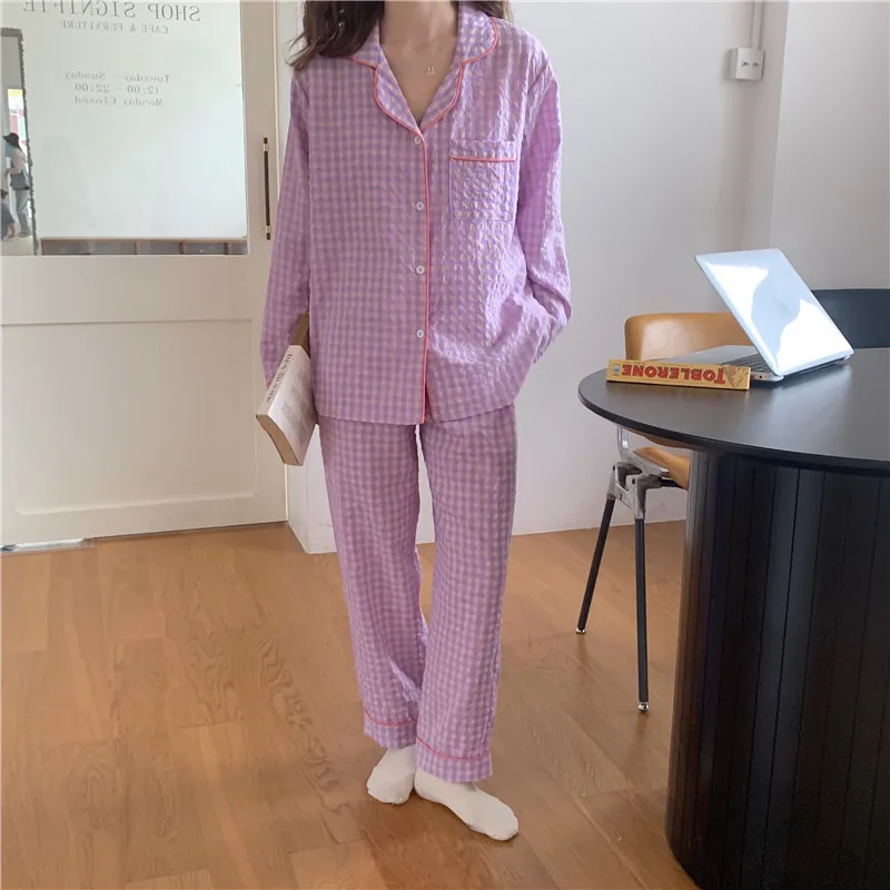 

Повседневный простой пижамный комплект, Женский клетчатый домашний костюм, корейские свободные штаны, пижамы, домашний сервис, Женская Вес...