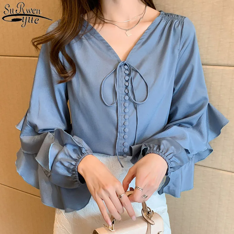 

2021 Spring Solid Shirts for Women V-neck Satin Blouses Women Casual Petal Sleeve Loose Office Ladies Shirt Tops Female 13092