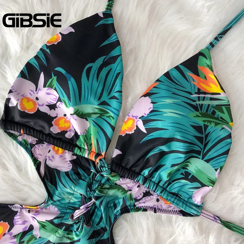 GIBSIE слитный купальник с тропическим принтом для Для женщин сексуальный глубокий