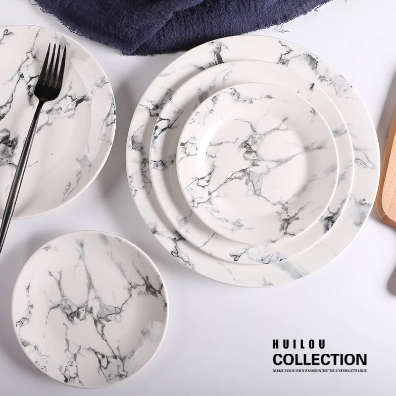 

Hotel tableware ceramic plate household marble flat fish plate gift dishes set dinner plates dishes and plates sets