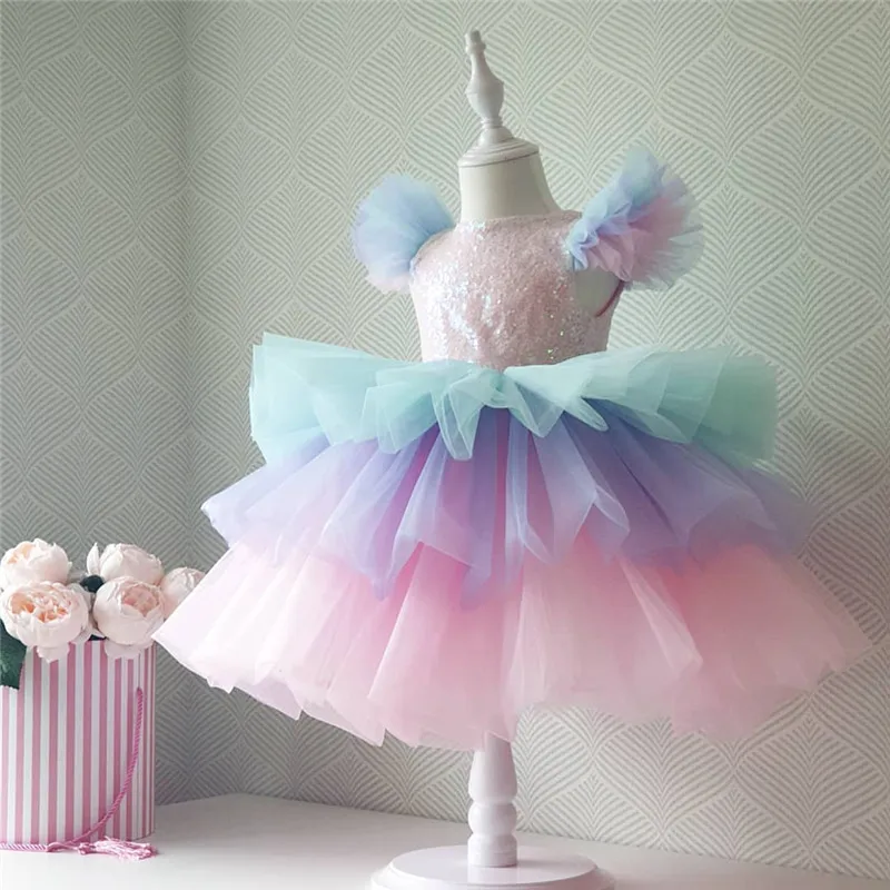 

Princess Girls Dresses Flared Sleeve Sequin Patchwork Tulle Cake Girls Clothes Birthday Party Clothing Wedding Party Wear 4-10Y