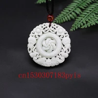 natural white green jade flower bat pendant necklace chinese double sided hollow carved fashion charm amulet men women jewelry