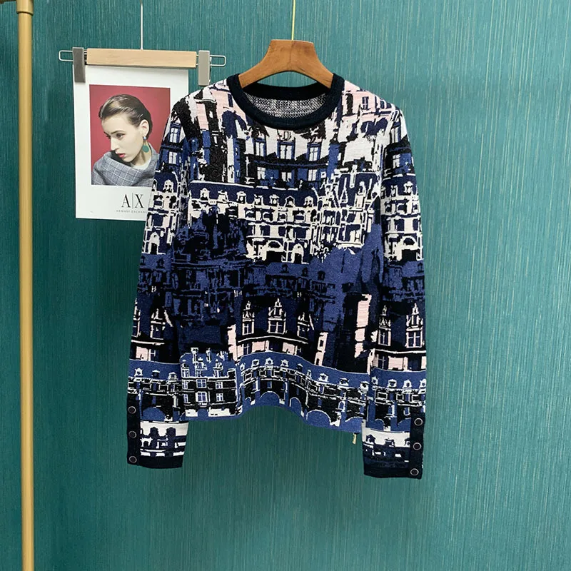 

Женский трикотажный пуловер с круглым вырезом и длинными рукавами