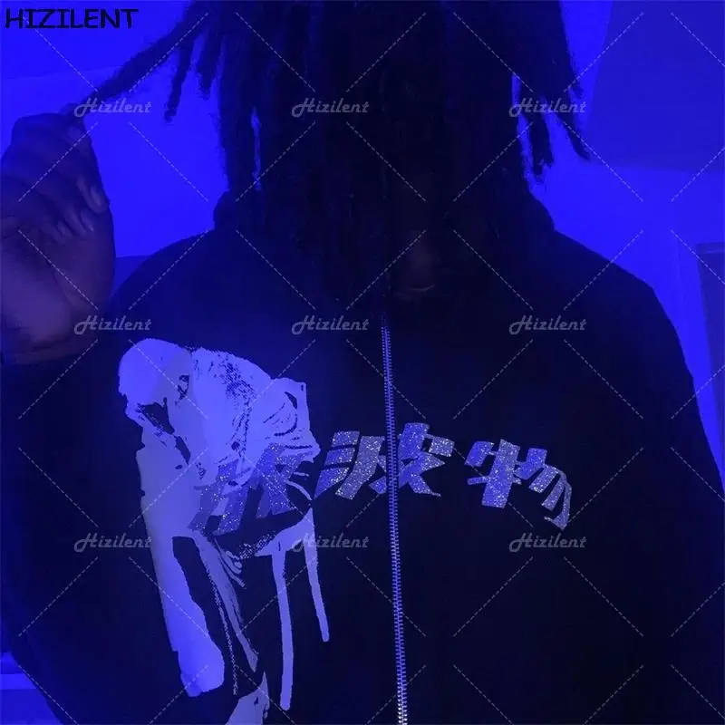 Hip Hop Sweatshirt Glitter Graphics Men's Oversized Hoodies Joggers Y2K Aesthetic Zip Up Gtoh Punk Sport Jacket Men Streetwear | Мужская