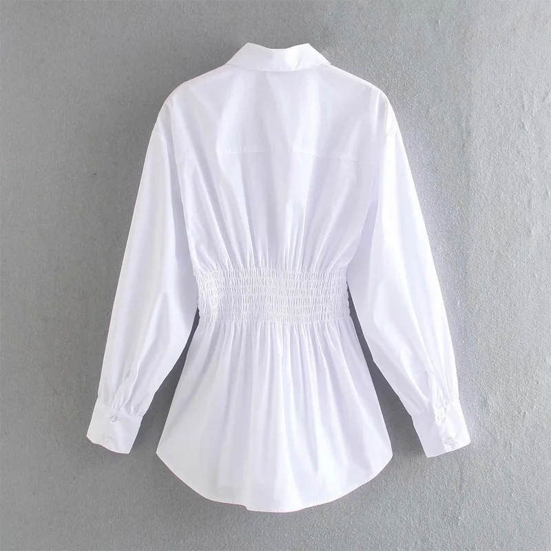 

Spring and autumn women's casual solid color lapel long-sleeved elastic waist long shirt
