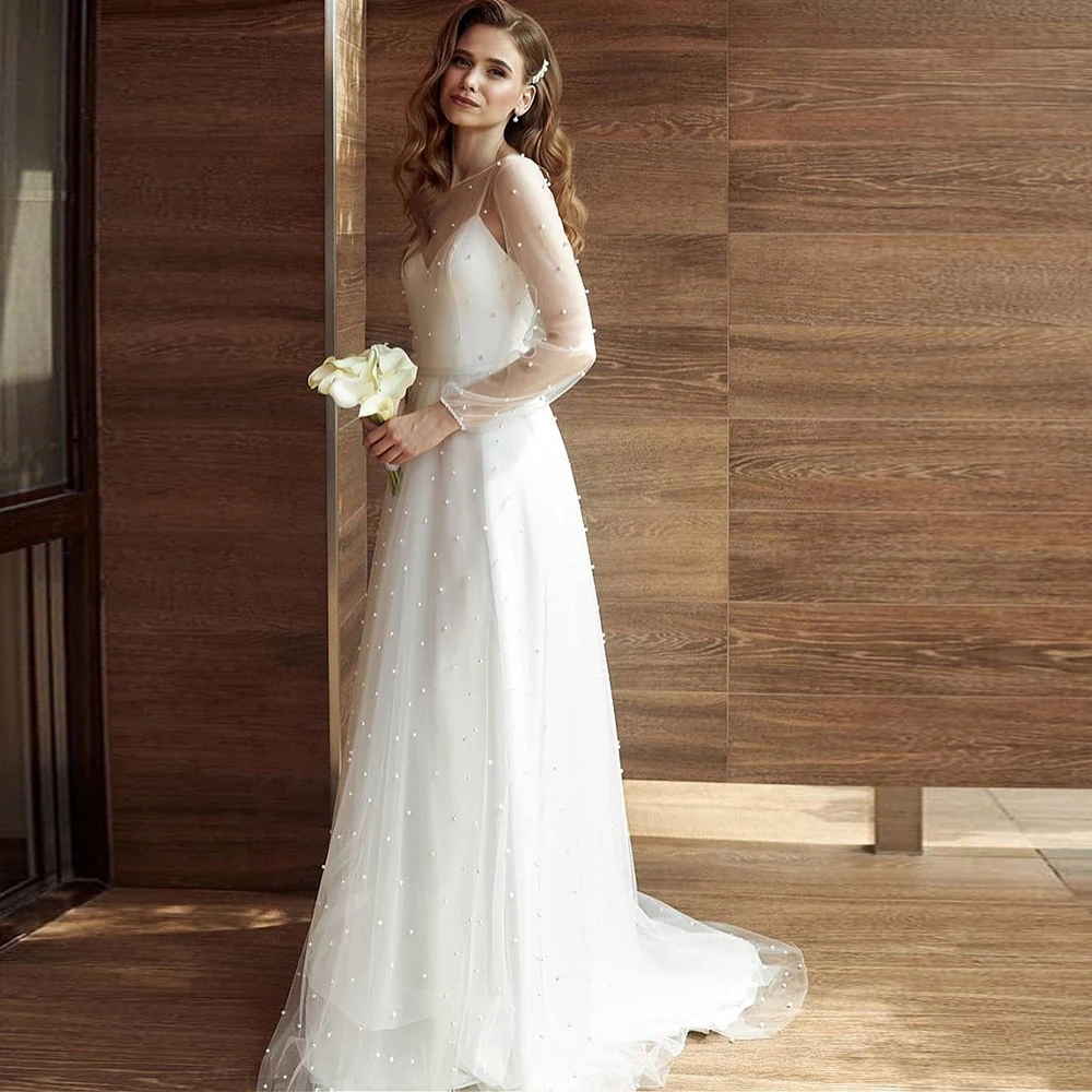 

Elegant Pearl Tulle Long Wedding Dress With Illusion Full Sleeves Spaghetti Straps Simple Floor Length Sweep Train Vestido Noche