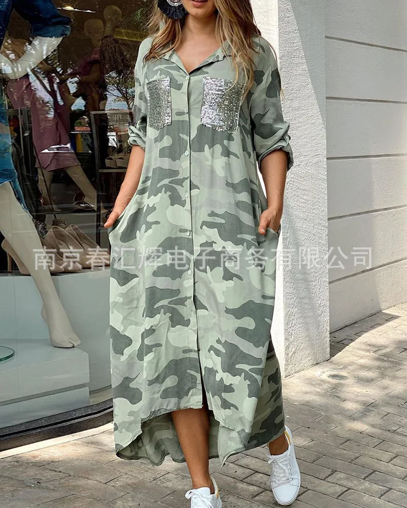 

European and American green camouflage stitching sequined shirt dress long sleeve dress harajuku dress