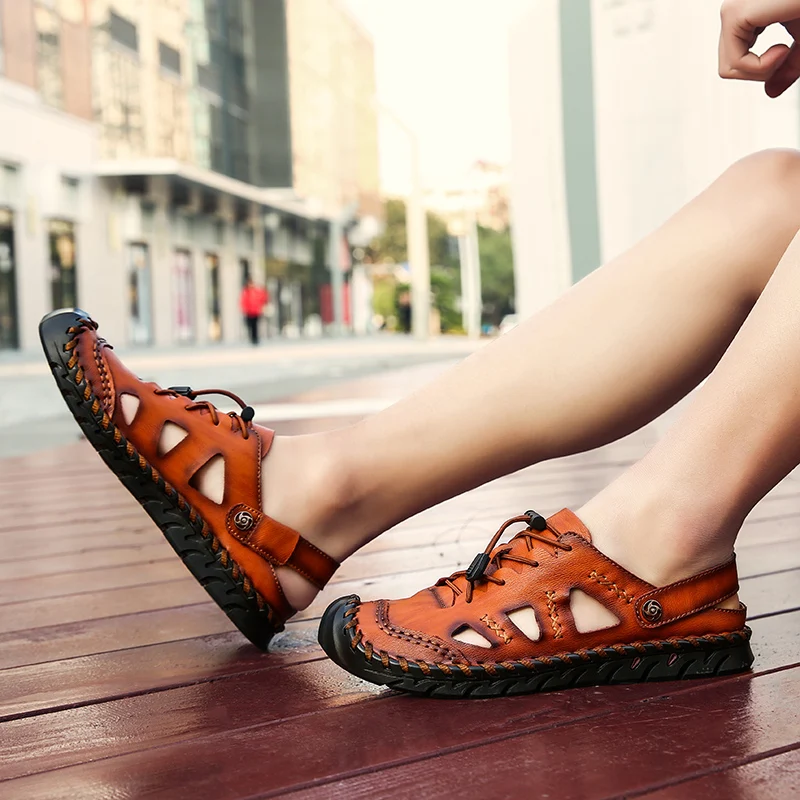 Casual Men Soft Sandals Comfortable Summer genuine Leather Roman breathable Outdoor Beach men | Обувь