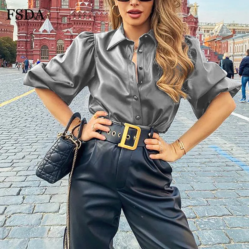 FSDA блуза из искусственной кожи с пуговицами Черная Женская Осенняя Весенняя