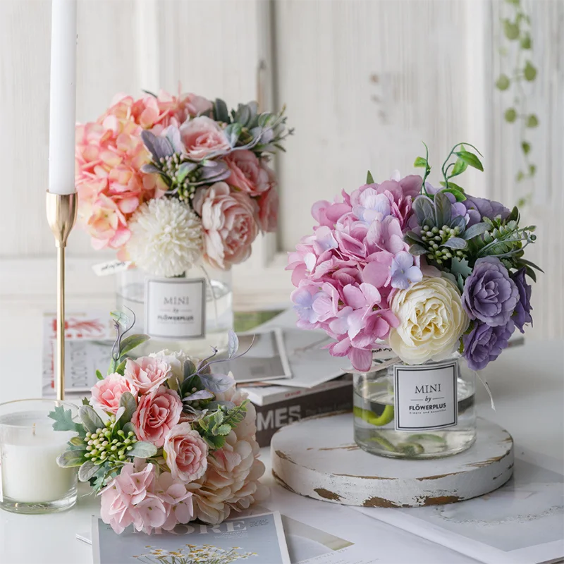 

1 Bouquet With Vase Artificial Silk Rose Flowers Bride Flower Fake Dandelion Hydrangea For Wedding Party Home Decoration