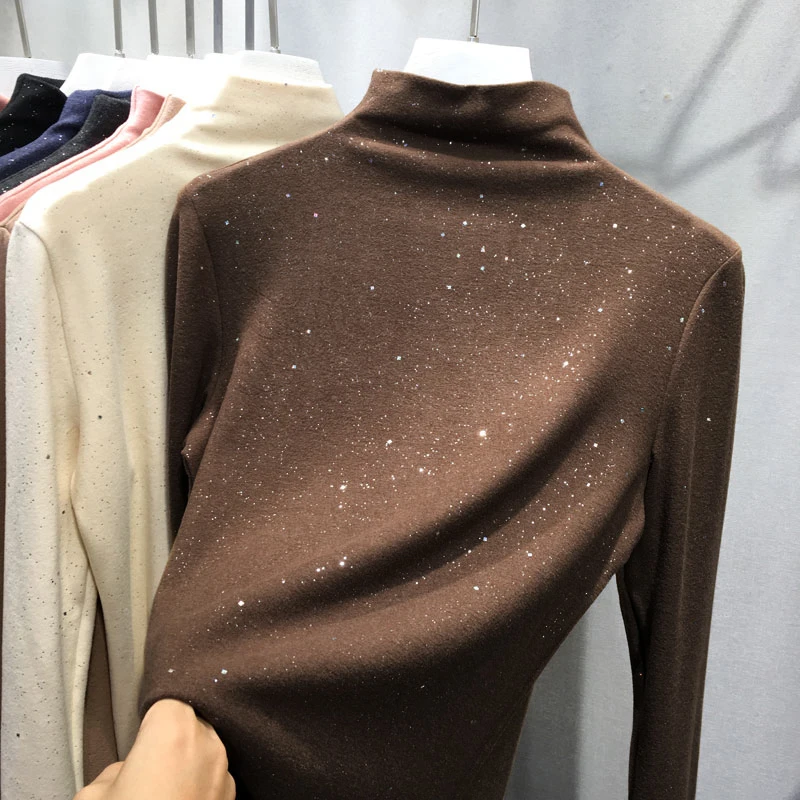 Футболка женская осенне-зимняя флисовая с блестками и высоким воротником |