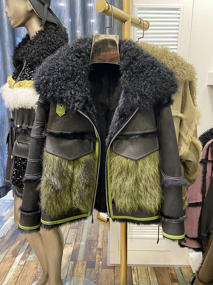 Winter Women Real Lamb Fur Collar Real Skin Rabbit Fur Inner Warm Jackets Real Fur Collar Ladies Raccoon Fur Outwear
