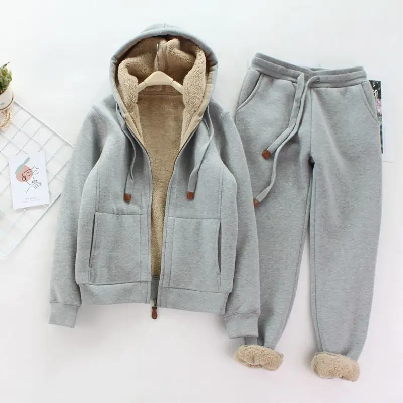 

Winter Plus Velvet Thickening Hoodies Two Piece Set Womans Tracksuits Pants Thick Warm Clothes Womens Solid Color Jacket Suit
