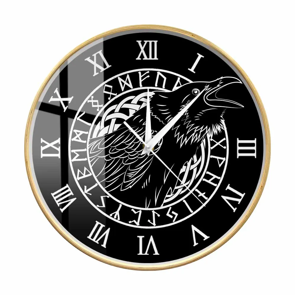 

Cawing Black Crow With Roman Numerals Wooden Frame Wall Clock Viking Odin Raven with Scandinavian Runes Silent Sweep Clock Watch