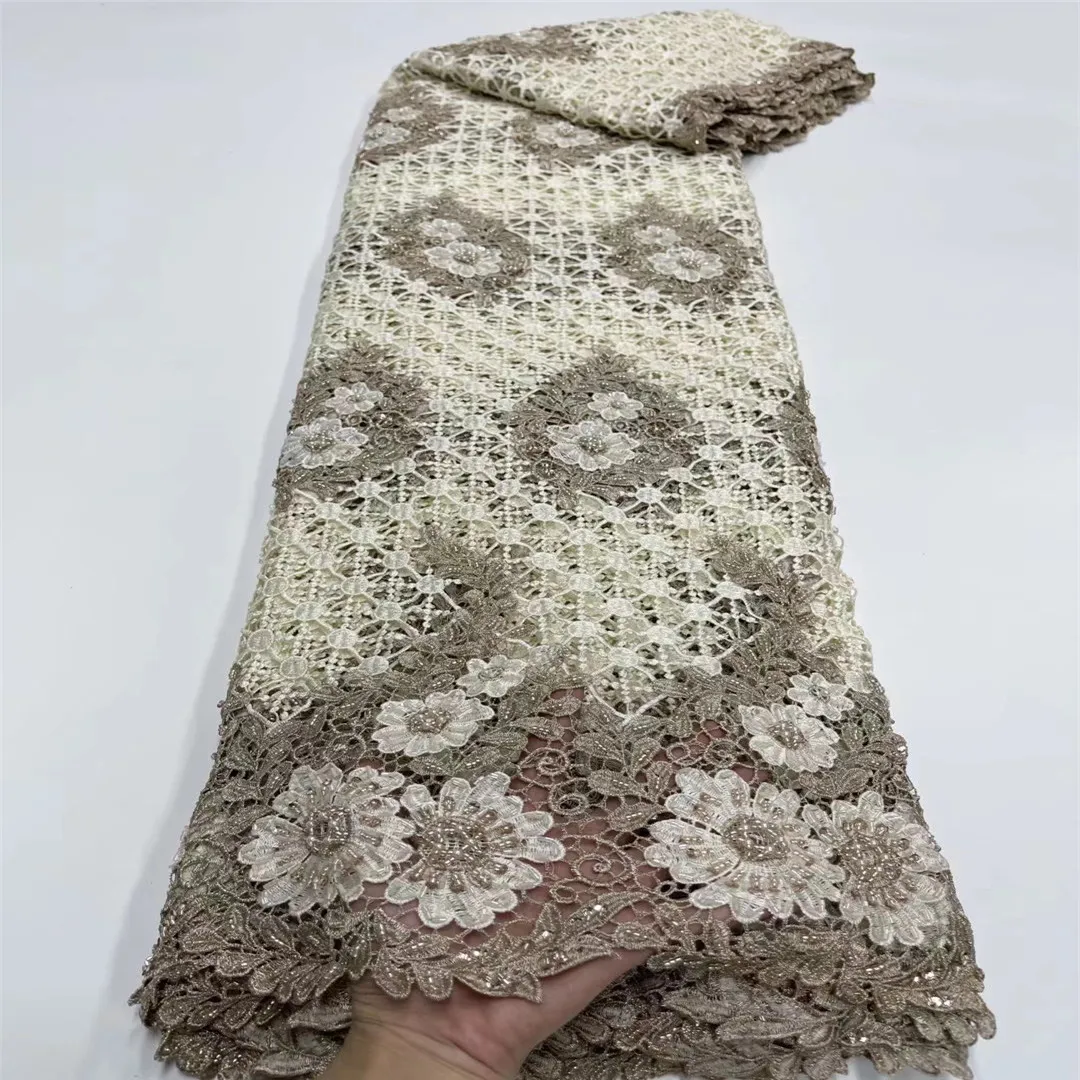 

NEW High Quality 2021 Tulle Beaded French Nigerian Lace Fabrics Pearls Embroidered Guipure African 3d Lace Fabric Double color