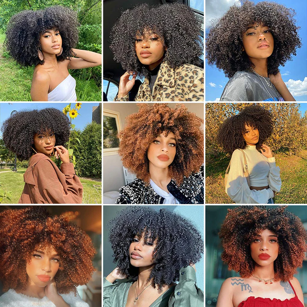Short Hair Afro Curly Wig With Bangs For Women 14”African Synthetic Ombre Blonde Wig Glueless Cosplay Wigs Heat Resistant GEMBON