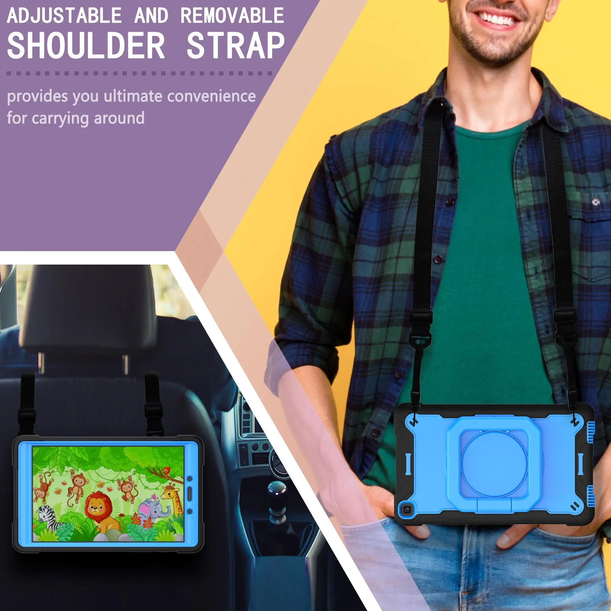 

For Samsung Galaxy Tab A 8.0" 2019 T290 T295 Silicon Shockproof Cover 360 Rotating Stand Muti-function Grip Shoulder Strap Case