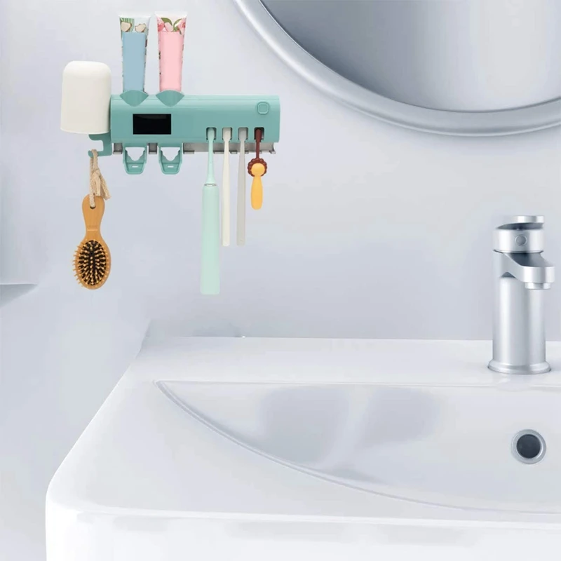 

Toothbrush Holder 2 Toothpaste Dispenser Bathroom Toothbrush Holder Wall Mounted with Drying Function,Timing Function