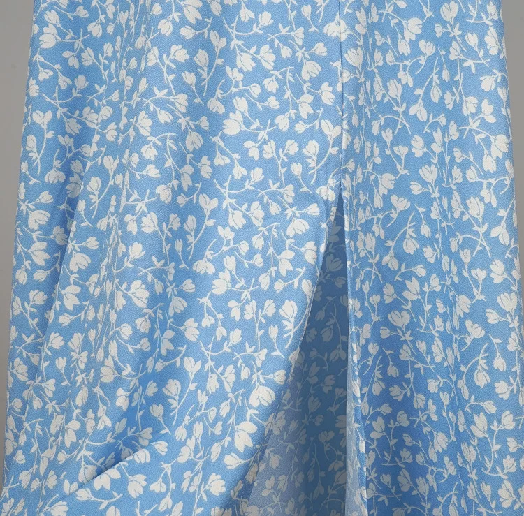 

2020 New Puff Sleeve Women Midi Dress Square Collar Floral Sweet Holiday Slim Waist Split Sexy Long Dresses