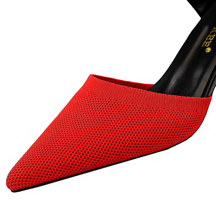 

2020 New Style Summer Women 6.5cm High Heels Mules Sweet Slides Casual Green Kitten Low Heels Slippers Sexy Mesh Blue Red Shoes