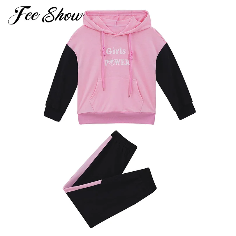 

Kids Girls Casual Sport Outfit Hooded Drawstring Long Sleeves Sweatshirt and Pants Set Spring Autumn Tracksuits Workout Clothing