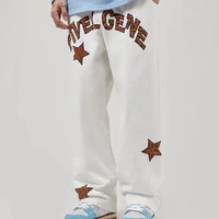 leopard letter star embroidery casual overalls american street fashion mens white black high street straight pants goth clothes