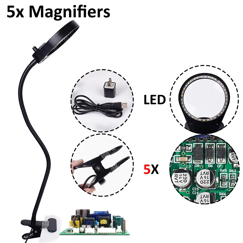 Гибкая регулирусветодиодный светодиодная Лупа с подсветкой USB 5X 3X 10X для