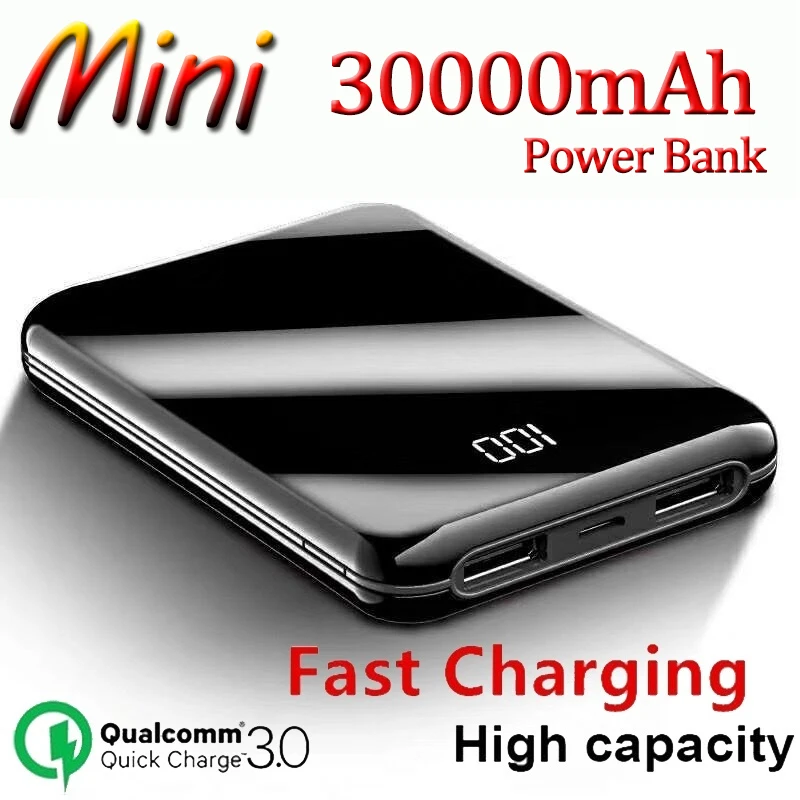 Ultra-thin Power Bank 30000mAh Mini Mirror Screen Digital Display Portable Phone Battery Outdoor Travel Charger | Мобильные телефоны
