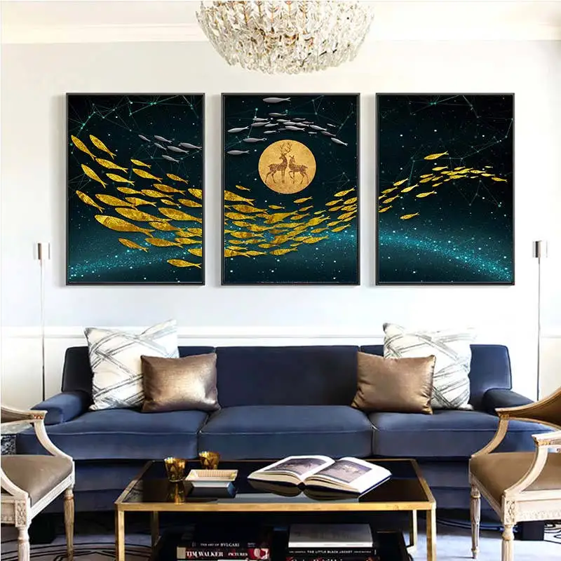 Абстрактный золотой рыбки Луна рисунок оленя на холсте большой синий плакат