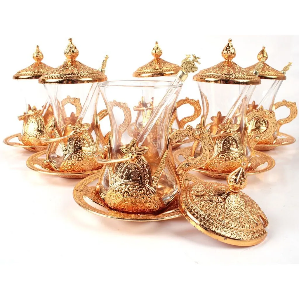 Турецкие чайные стеклянные чашки и блюдца Сервировочный набор с крышками посуда
