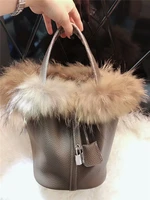 lucdo real fox fur hair hand bag genuine leather picotin lock bucket bag ladies handbags famous brand designer women tote bags
