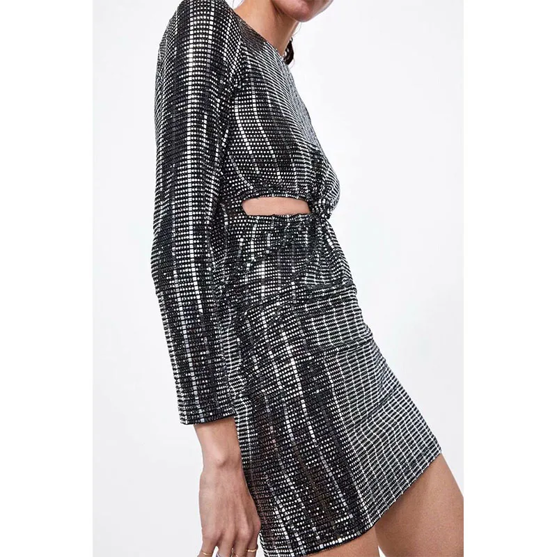 

Shiny Dress Women Sexy cross hollow Long Sleeve Slim Party Club Streetwear Autumn Mini Pencil Dress Elegant Evening Party Dresse