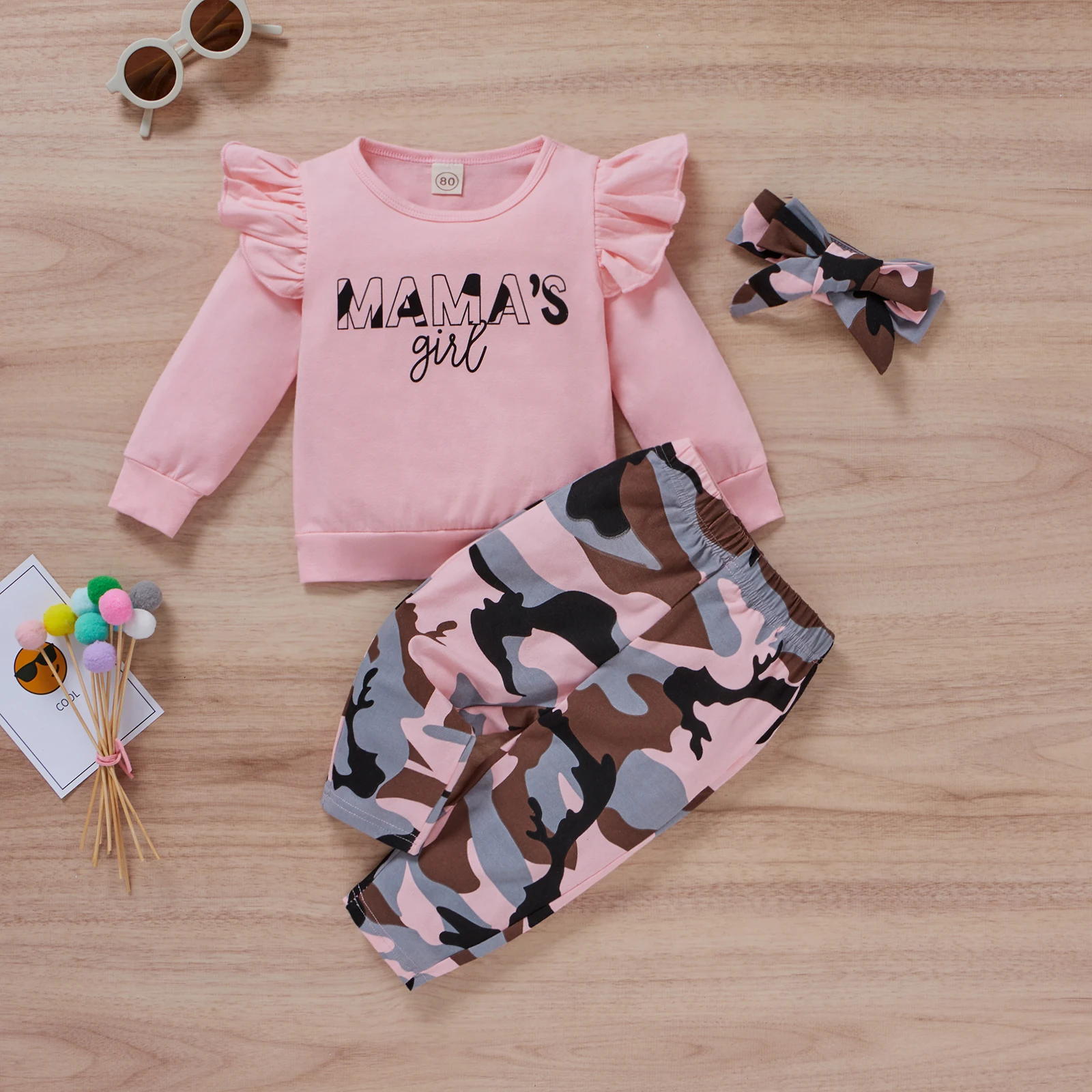 

Girls Clothes Set, Letter Print Long Sleeve O-neck T-shirt+Camouflage Trousers+Bow-knot Headband