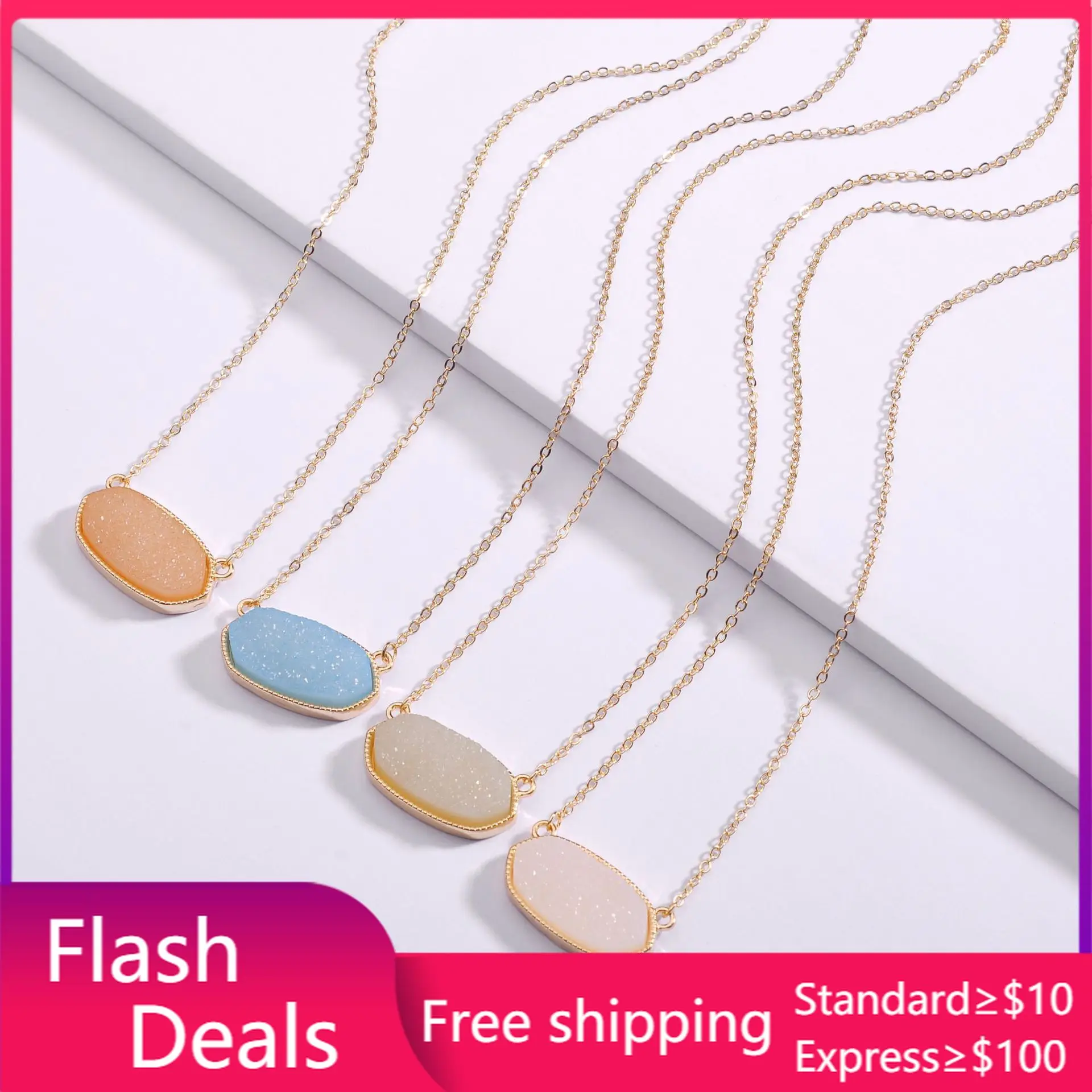 Druzy Drusy ожерелья с кулоном из шестигранной смолы золотым воротником модные