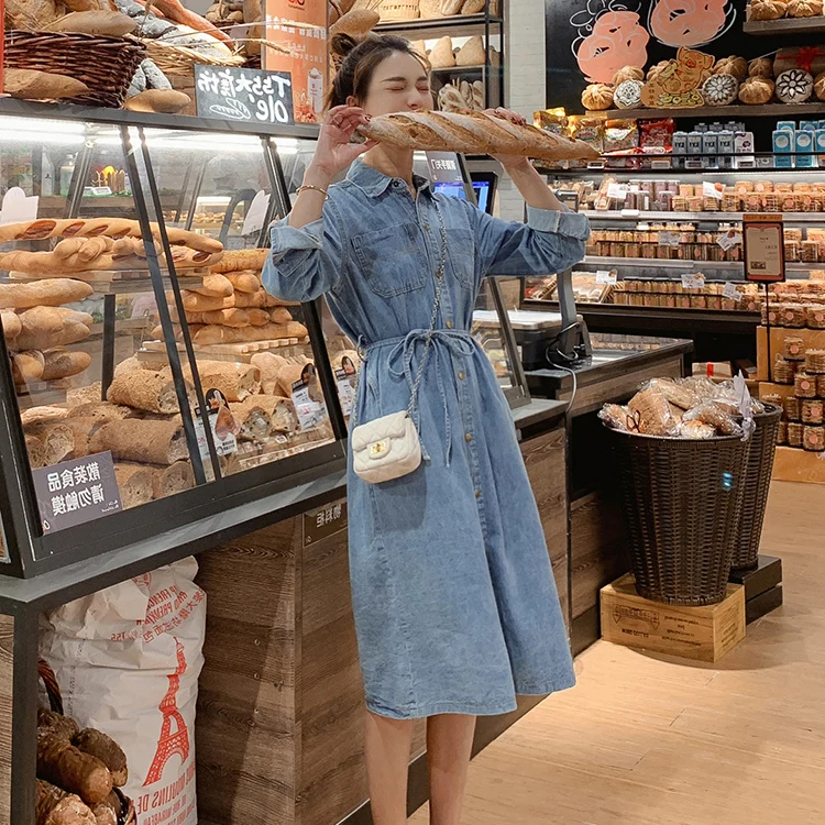 

2019 women's spring and autumn new large size popular chic single-breasted belt denim dress